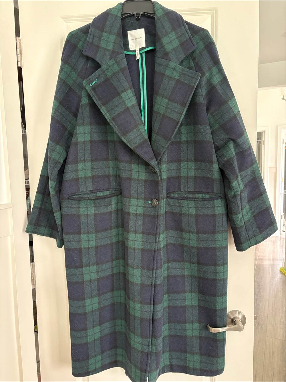 Avec Les Filles Green & Navy Plaid Wool Blend Long Coat